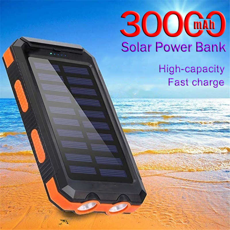 Waterproof Solar Power Bank 30000mah 20000mah Dual USB Li-Polymer Battery Charger Travel Solar Power Bank with LED Flashlight