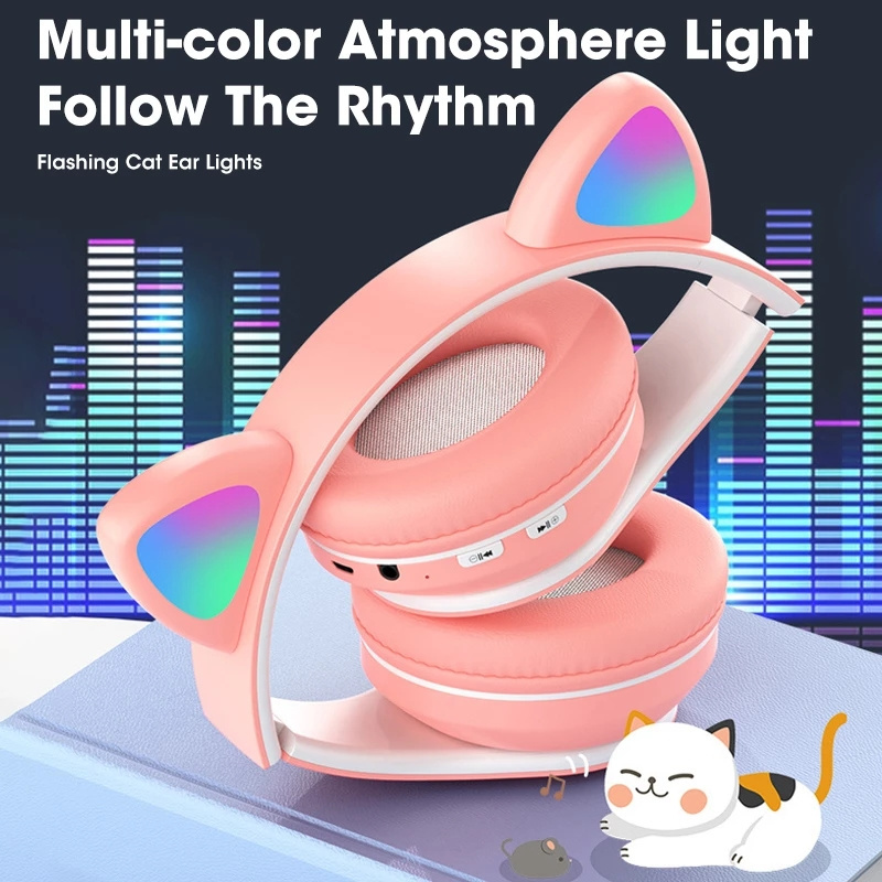 Russian B39M STN28 Cute Flash Light Cat Ears Wireless Headphones LED RGB Breathing Gaming Stereo HIFI Bass Foldable Earphones