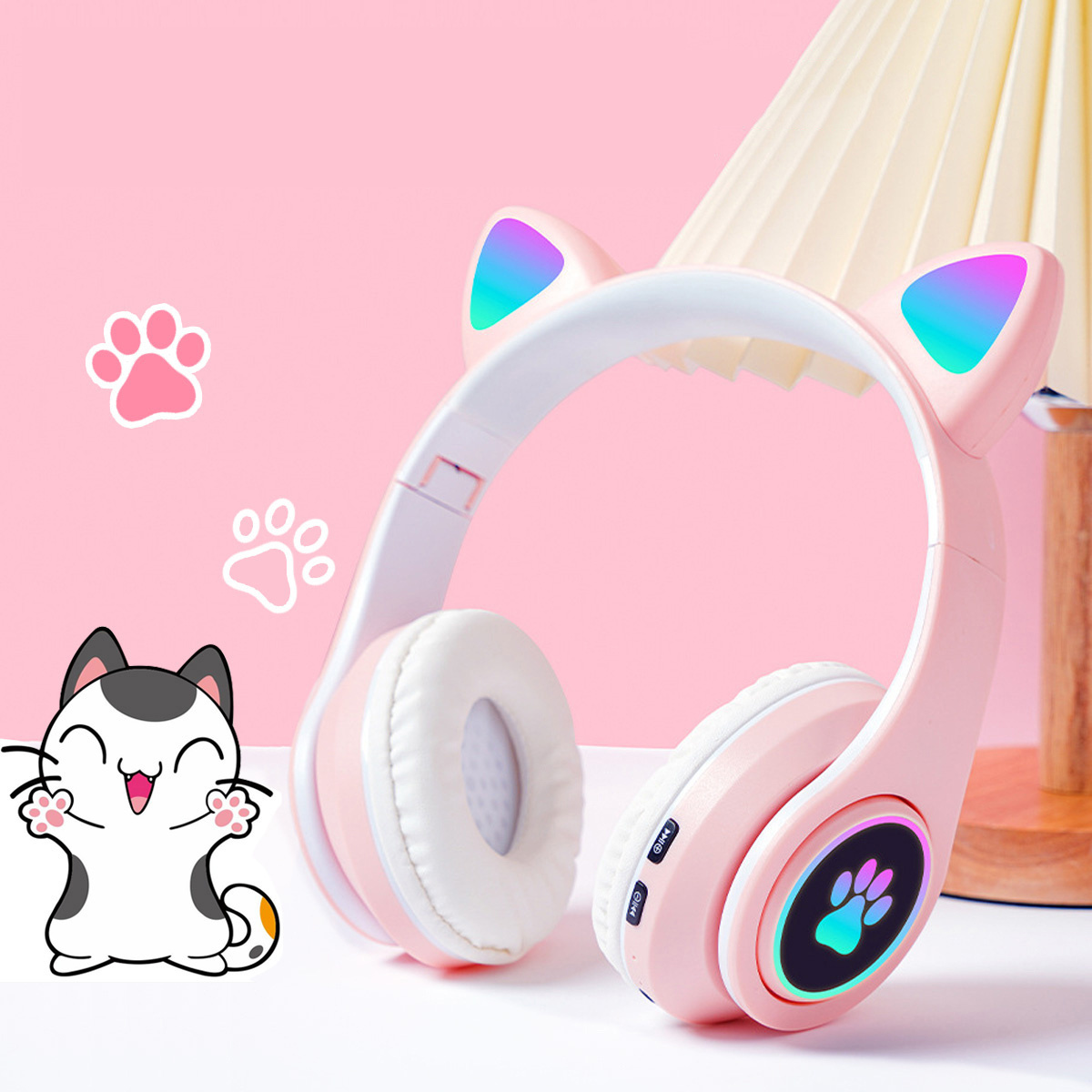 Russian B39M STN28 Cute Flash Light Cat Ears Wireless Headphones LED RGB Breathing Gaming Stereo HIFI Bass Foldable Earphones