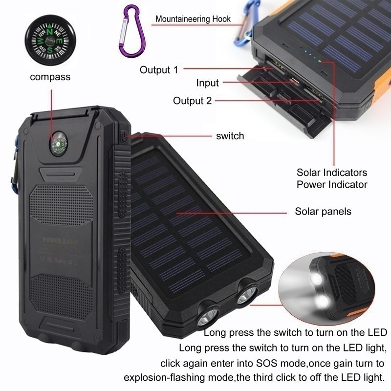 Waterproof Solar Power Bank 30000mah 20000mah Dual USB Li-Polymer Battery Charger Travel Solar Power Bank with LED Flashlight