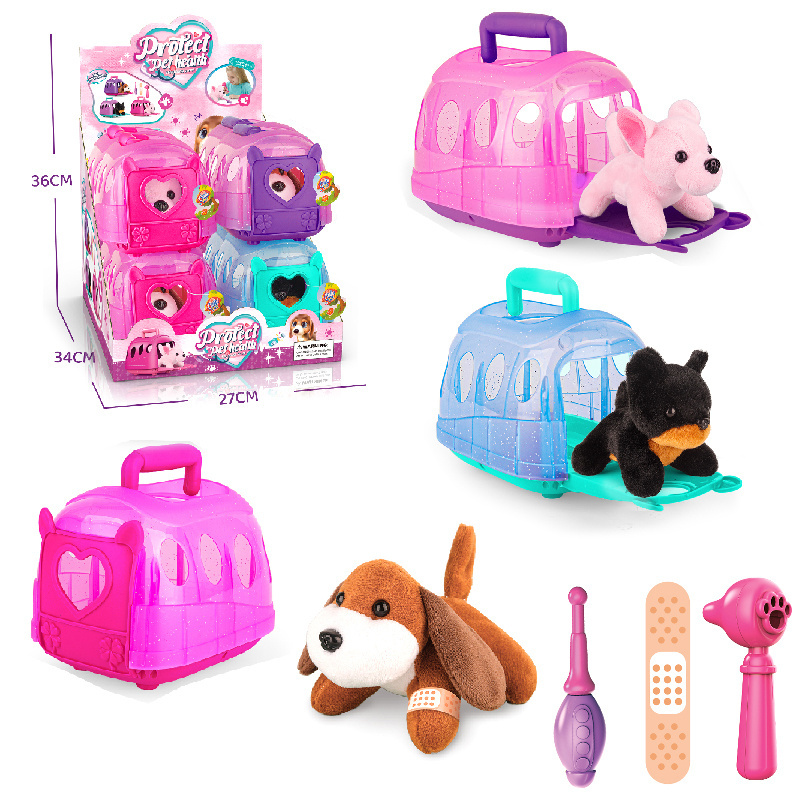 Promotion toys  Animal Plush Carrier Set Dog Toy Pet Health Cage Soft Toys With Accessory