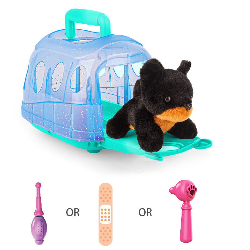 Promotion toys  Animal Plush Carrier Set Dog Toy Pet Health Cage Soft Toys With Accessory