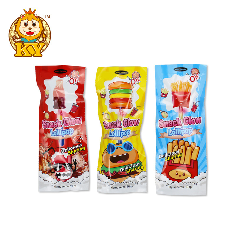 Wholesale custom snacks candy fruity flavor hamburger fries drinks shape glow stick lollipop