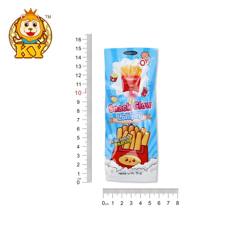 Wholesale custom snacks candy fruity flavor hamburger fries drinks shape glow stick lollipop