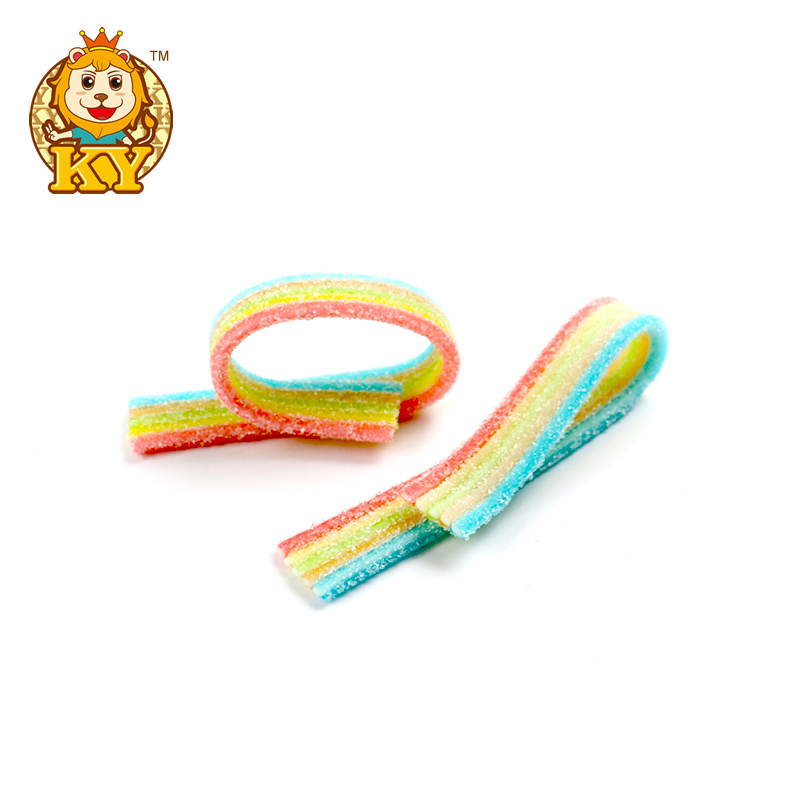 Manufacturer wholesale sugar coated rainbow sour candy belts soft gummy candy sour strips with powder filling