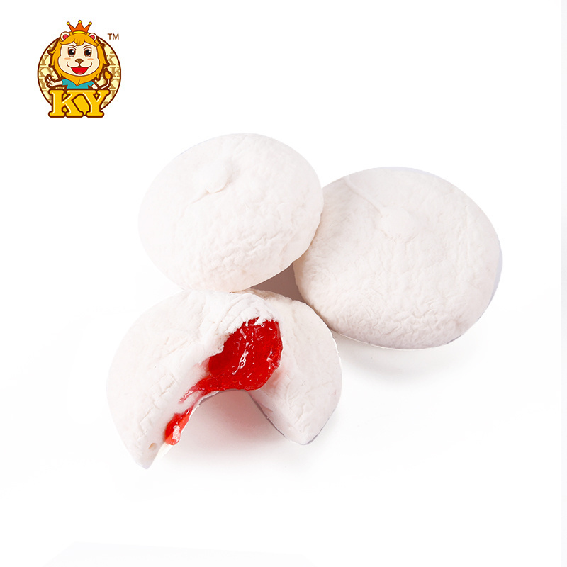 Manufacturer wholesale delicious sweet gummy filled strawberry jam round marshmallow cotton candy