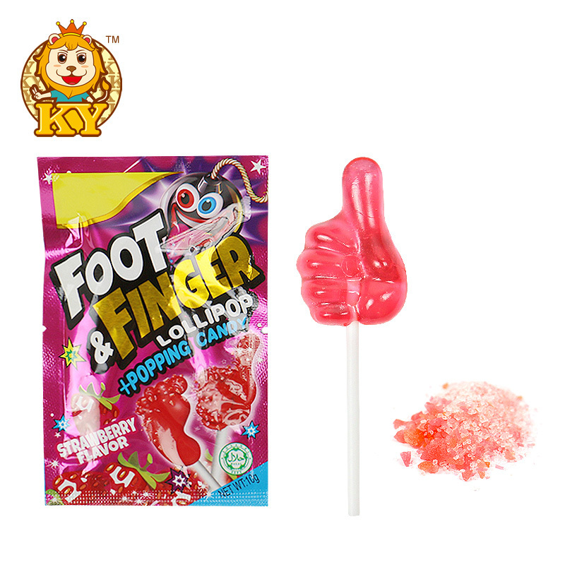 Manufacturer snacks cartoon foot and finger shape lollipops hard candy sweets with popping candy