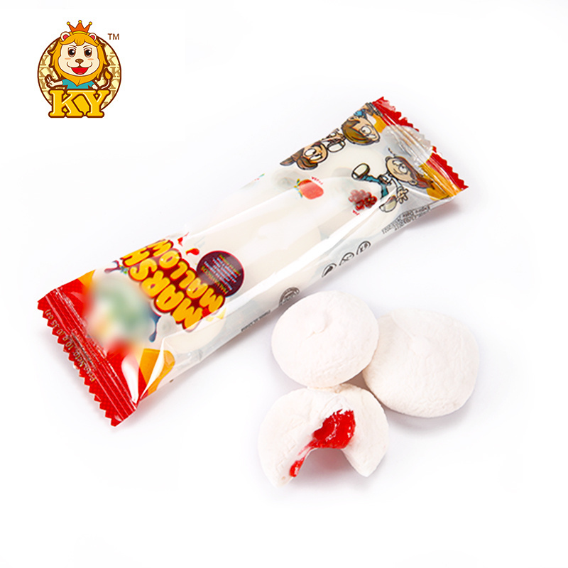 Manufacturer wholesale delicious sweet gummy filled strawberry jam round marshmallow cotton candy