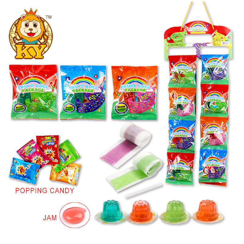 Factory new product sugar coated rainbow sour candy belts soft gummy candy roll jam jelly popping candy