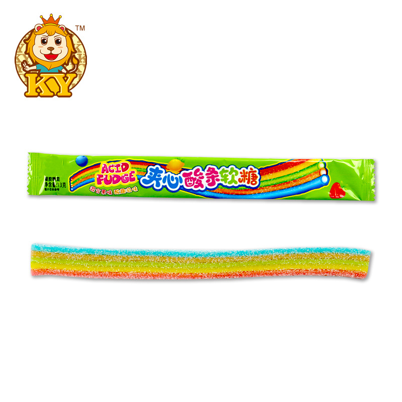 Manufacturer wholesale sugar coated rainbow sour candy belts soft gummy candy sour strips with powder filling