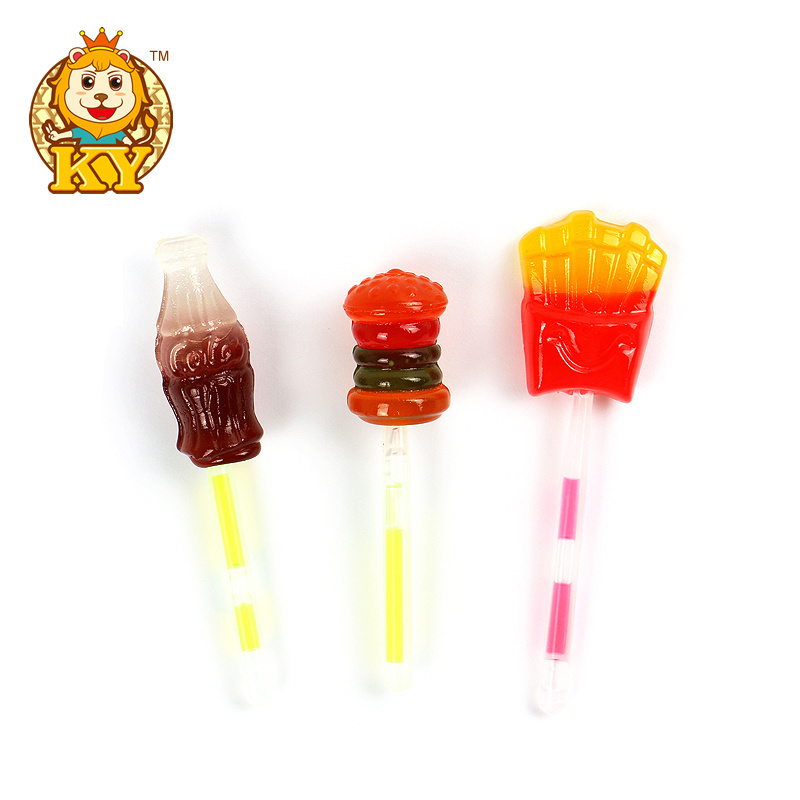 Wholesale custom snacks candy fruity flavor hamburger fries drinks shape glow stick lollipop