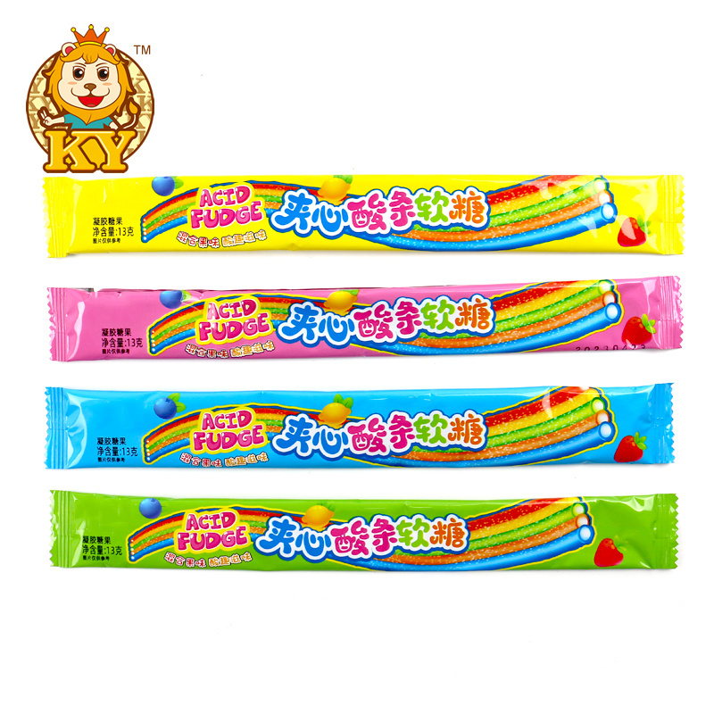 Manufacturer wholesale sugar coated rainbow sour candy belts soft gummy candy sour strips with powder filling