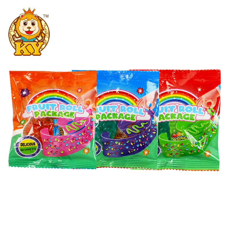 Factory new product sugar coated rainbow sour candy belts soft gummy candy roll jam jelly popping candy