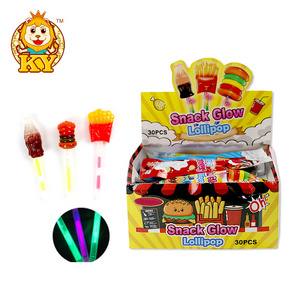 Wholesale custom snacks candy fruity flavor hamburger fries drinks shape glow stick lollipop