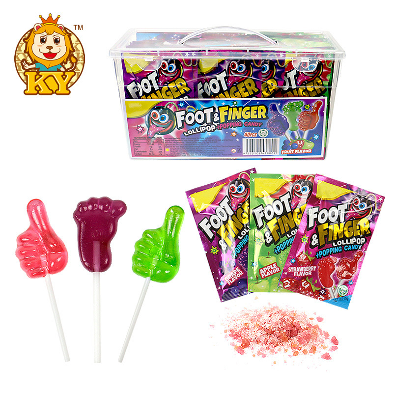 Manufacturer snacks cartoon foot and finger shape lollipops hard candy sweets with popping candy