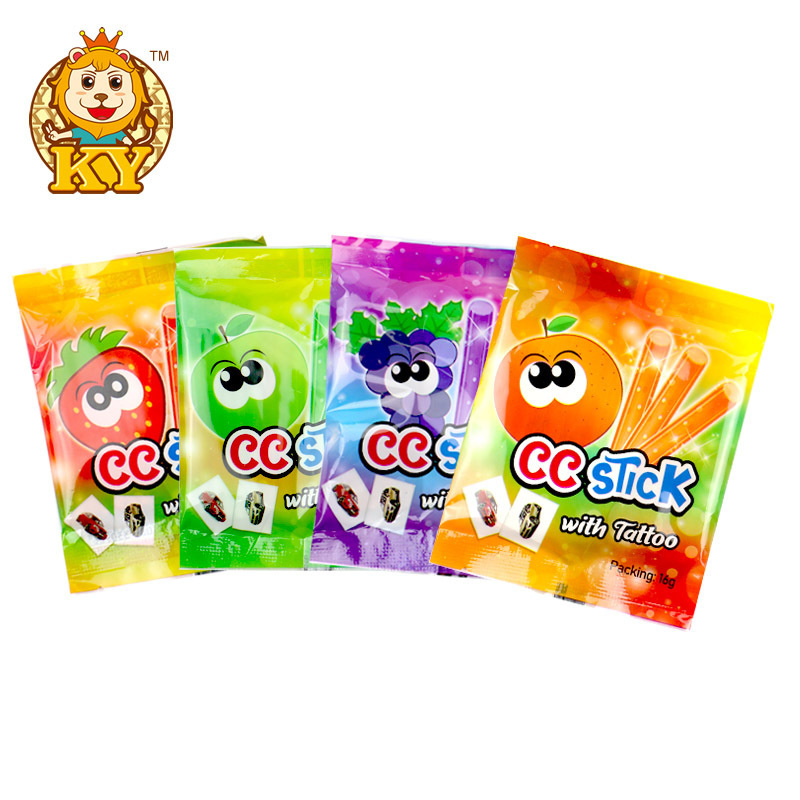 Factory new product fruity flavor sour CC stick powder candy with tattoo sticker wholesale