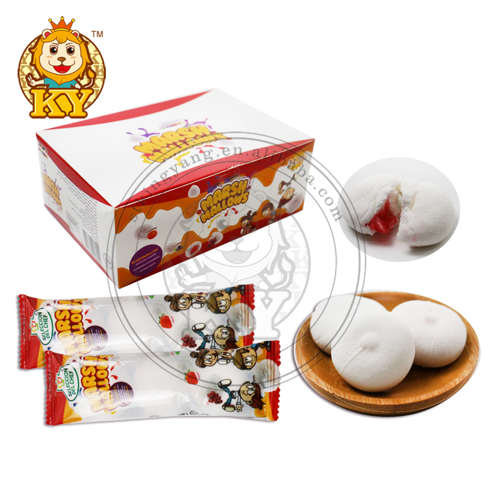 Manufacturer wholesale delicious sweet gummy filled strawberry jam round marshmallow cotton candy