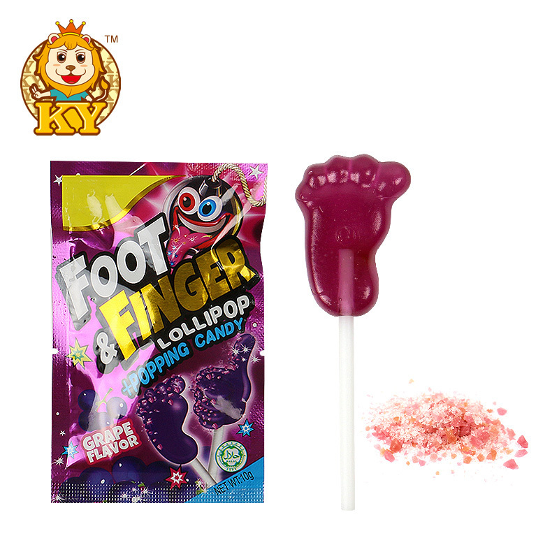 Manufacturer snacks cartoon foot and finger shape lollipops hard candy sweets with popping candy