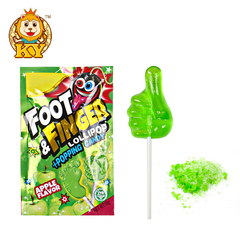 Manufacturer snacks cartoon foot and finger shape lollipops hard candy sweets with popping candy