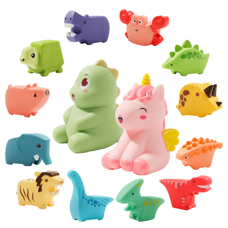 Baby Soft Rubber Colourful Cartoon Dinosaur Animal Squeeze Sound Beach Bathroom Bathtub Water Squirt Bath Toy For Kids