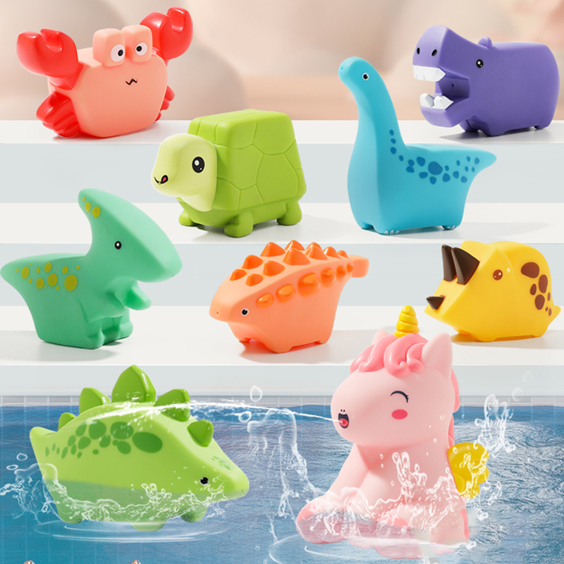 Baby Soft Rubber Colourful Cartoon Dinosaur Animal Squeeze Sound Beach Bathroom Bathtub Water Squirt Bath Toy For Kids