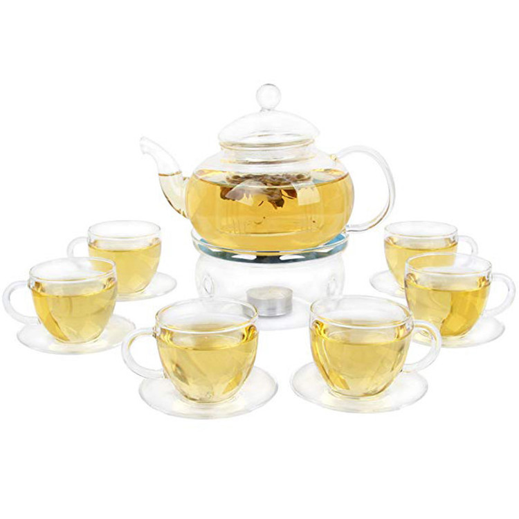 27 OZ Glass Filtering Infuser Tea Maker Teapot With a Warmer And Glass Cup Sets