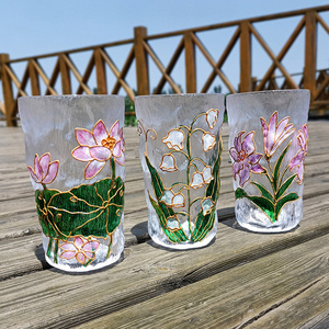 Custom made hand painted lotus flower colored whisky glass cup embossed glass tumbler manufactures home use