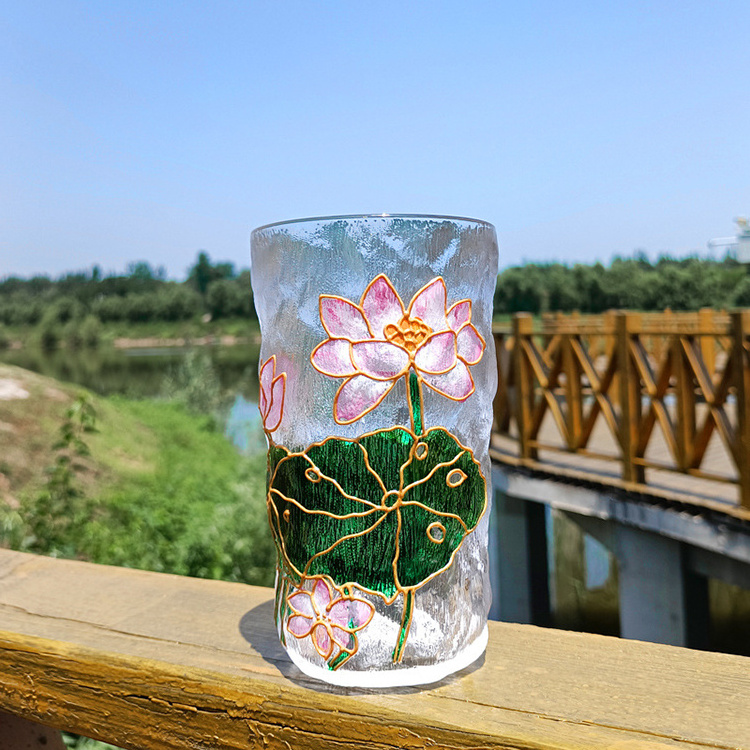 Custom made hand painted lotus flower colored whisky glass cup embossed glass tumbler manufactures home use