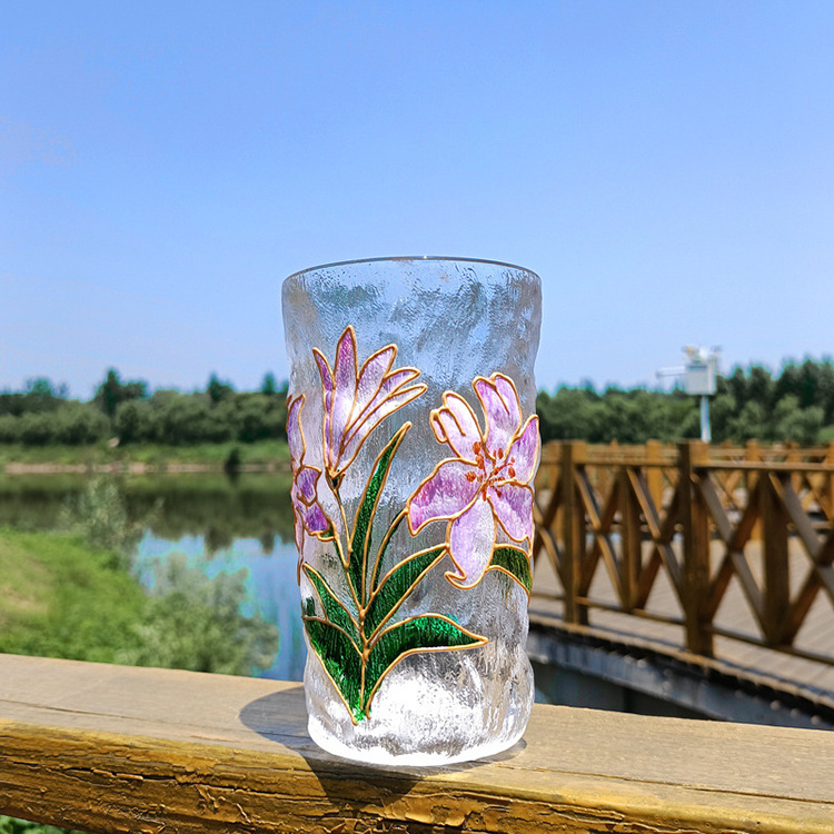 Custom made hand painted lotus flower colored whisky glass cup embossed glass tumbler manufactures home use