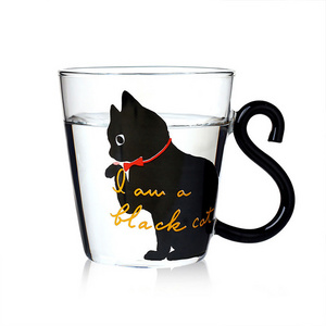 Wholesale Reusable Borosilicate Sublimation Cat Pattern Glass Cup with Handle Customized Logo Coffee Glass