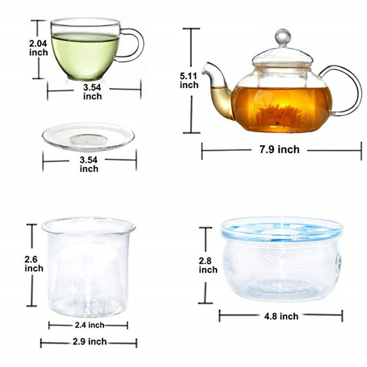 27 OZ Glass Filtering Infuser Tea Maker Teapot With a Warmer And Glass Cup Sets