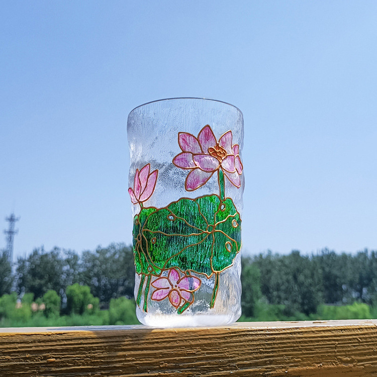 Custom made hand painted lotus flower colored whisky glass cup embossed glass tumbler manufactures home use