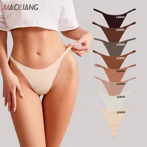 40482 Sexy Ladies T Back Underwear Seamless Ice Silk Underpants Solid Color Patchwork Stretch Thong G String Women's Panties