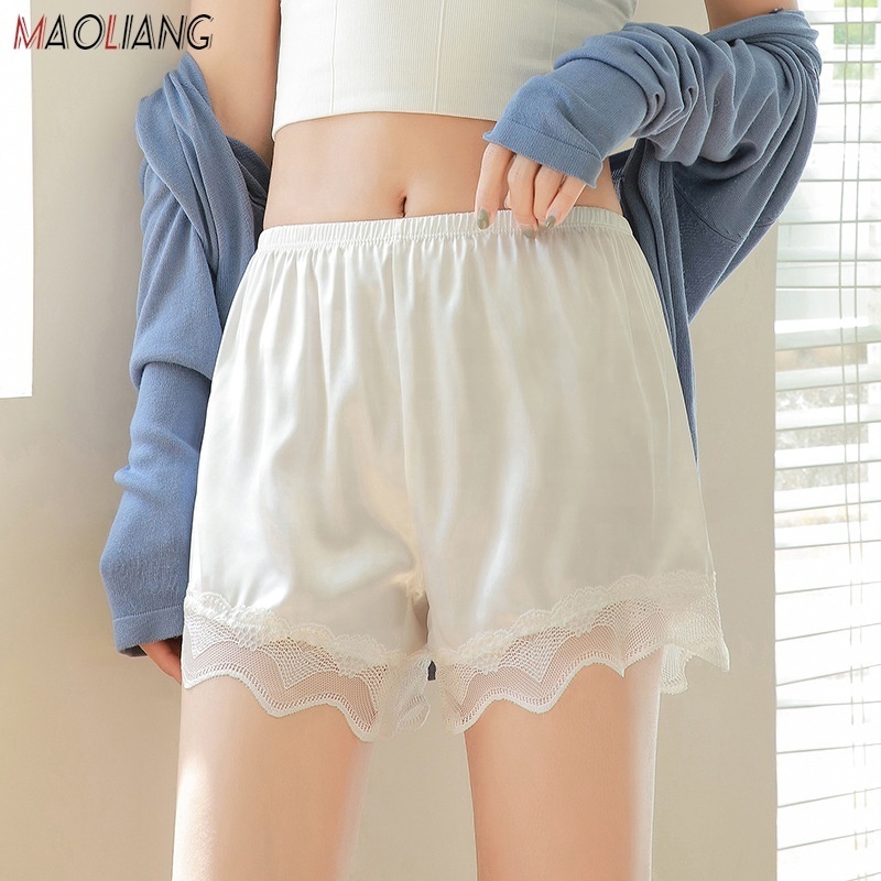 40549 Women Lace Satin Ice Silk Anti-shine Leggings Underwear Loose Homewear Under Skirt Pajamas Panties Thin Safety Pants Short