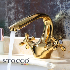 STOCCO Luxury crystal brass gold bathroom basin sink faucet deck mounted dual handle hot and cold water mix tap Golden faucets