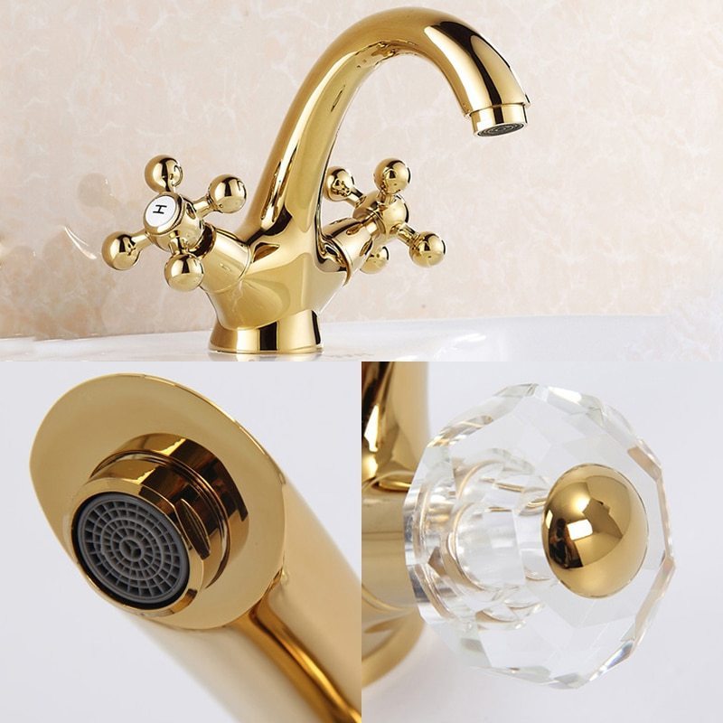 STOCCO Luxury crystal brass gold bathroom basin sink faucet deck mounted dual handle hot and cold water mix tap Golden faucets