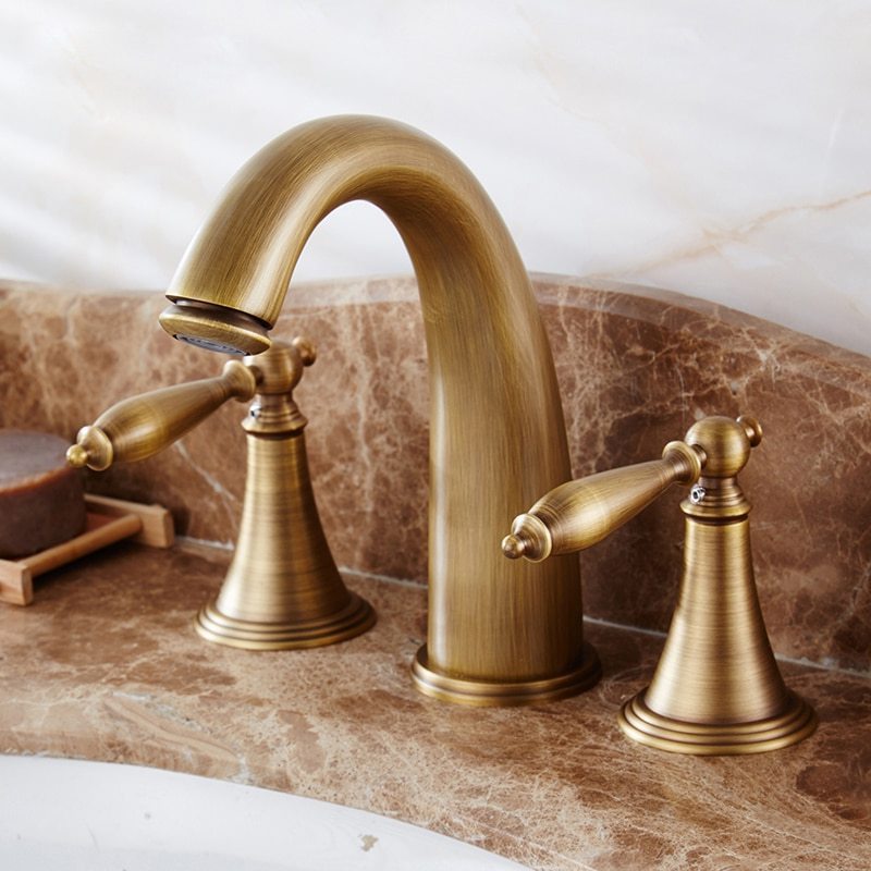 STOCCO  Antique Bronze Bath Sink Faucet Double Handle Basin Sink Faucet Hot and Cold Water Mixer 3 Hole Bathroom Faucet