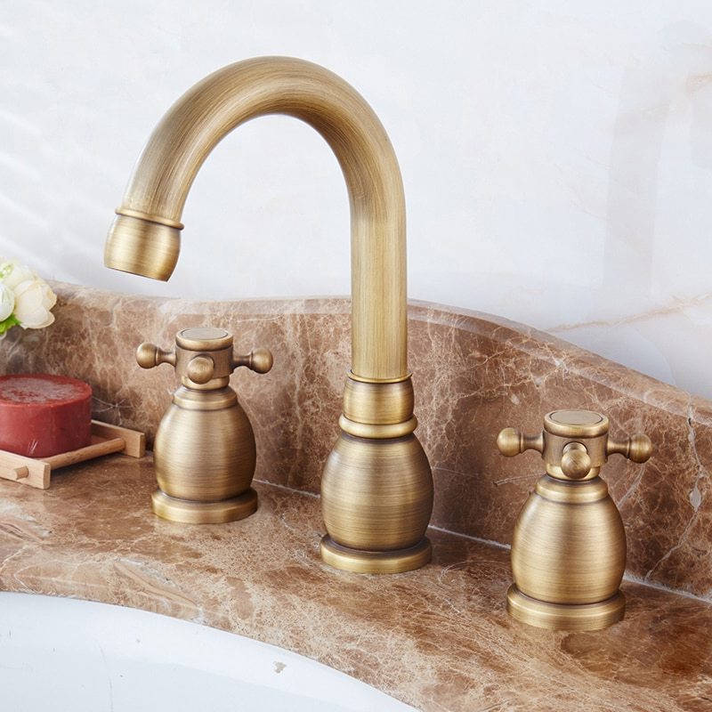 STOCCO  Antique Bronze Bath Sink Faucet Double Handle Basin Sink Faucet Hot and Cold Water Mixer 3 Hole Bathroom Faucet