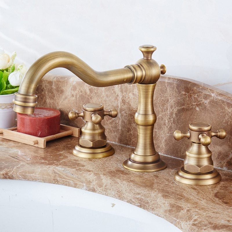 STOCCO  Antique Bronze Bath Sink Faucet Double Handle Basin Sink Faucet Hot and Cold Water Mixer 3 Hole Bathroom Faucet