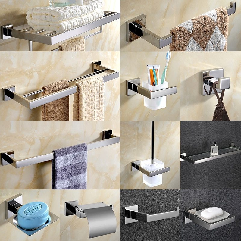 Chrome Polished Double Towel Bars Bathroom Towel Hanger Rack Stainless Steel Bathroom Accessories Soap Dish Toilet Brush Holder