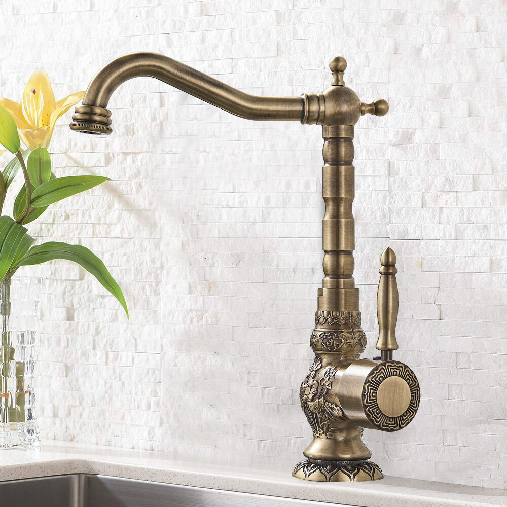 Antique Brass Kitchen Faucet Mixer Tap Single Handle Free Swivel Kitchen Hot And Cold Water Tap Single Hole Single Handle Faucet