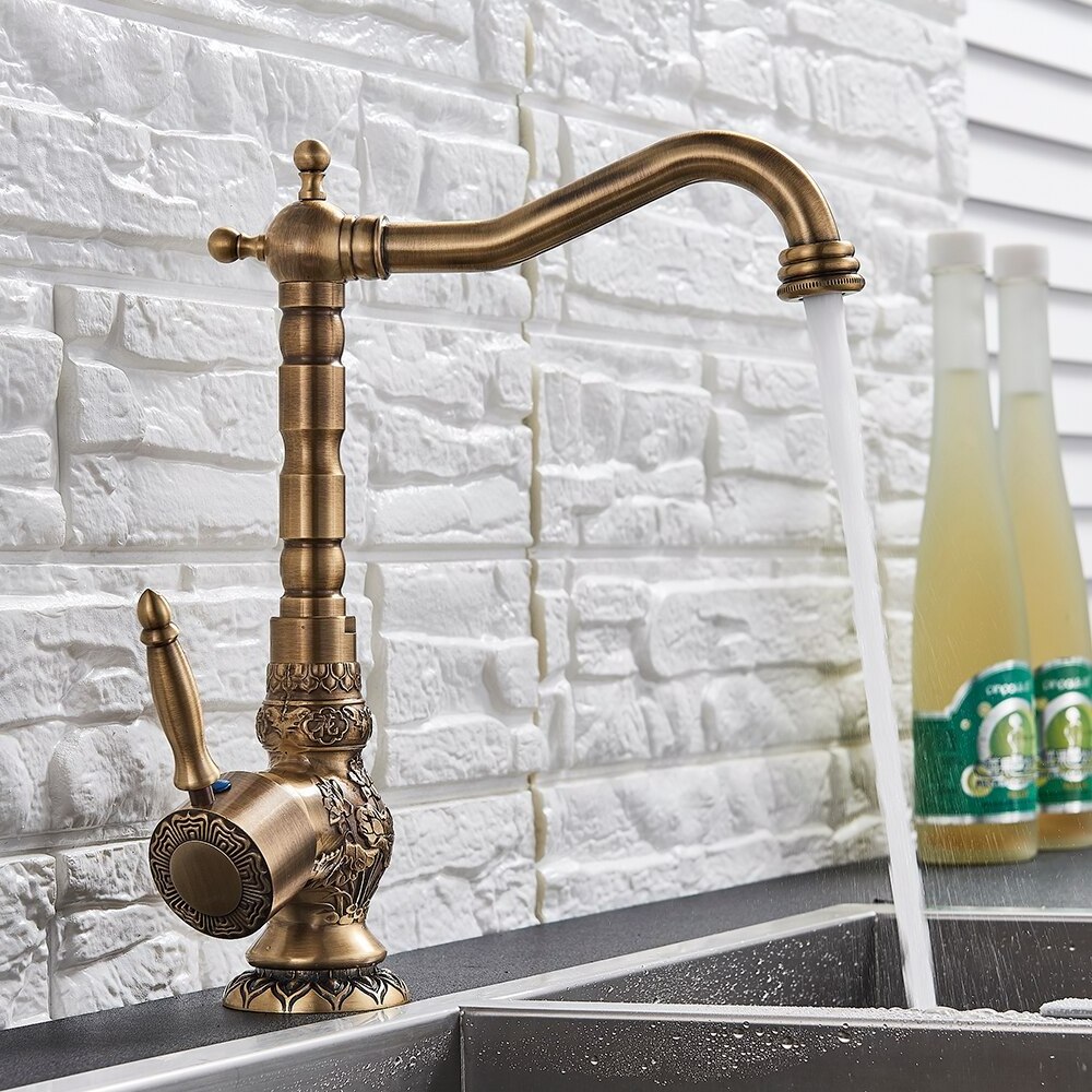 Antique Brass Kitchen Faucet Mixer Tap Single Handle Free Swivel Kitchen Hot And Cold Water Tap Single Hole Single Handle Faucet