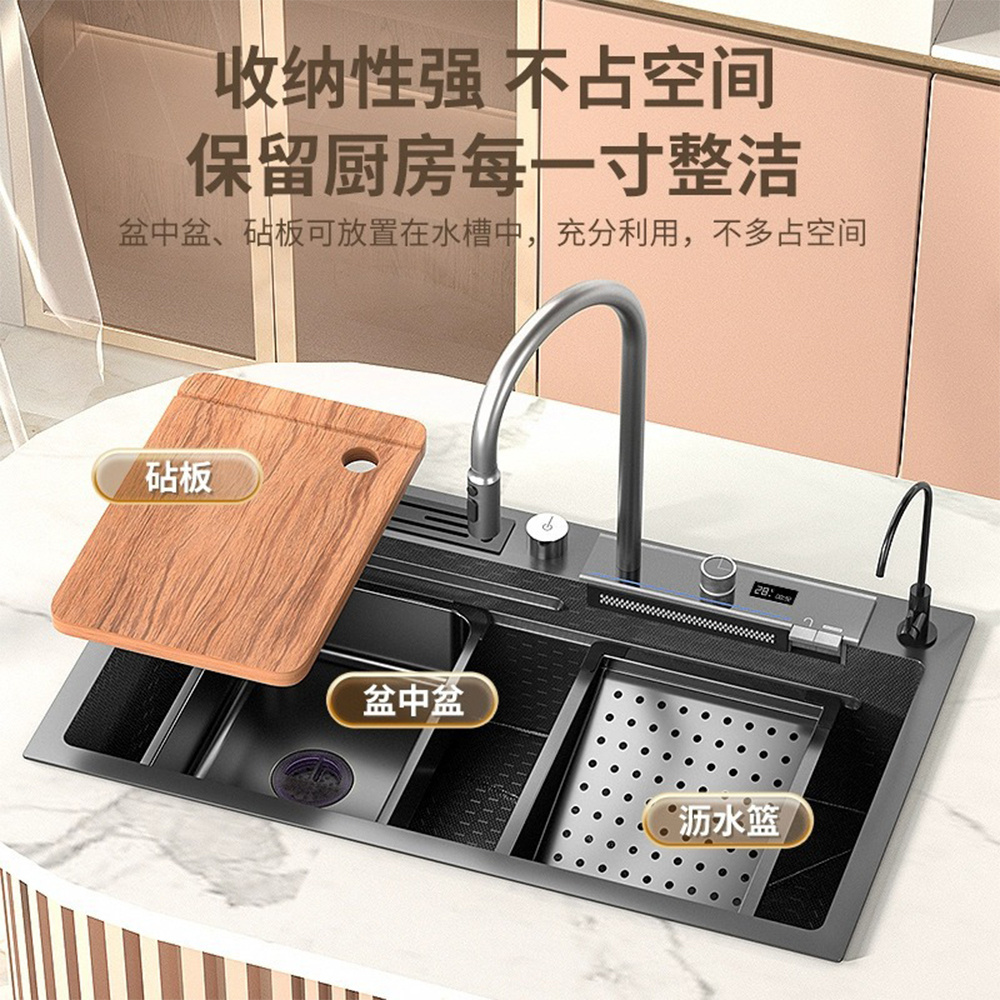 Multifunction 304 Stainless Steel Handmade Sink Nano Kitchen Sink With Pull Out Kitchen Faucet