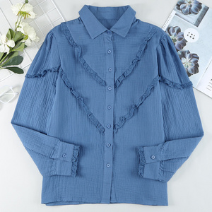 Stockpapa Clearance Sale New Clothes Blue Lace Ruffled Crinkled Buttoned Shirt for Women Clearance Stock lots Clothing