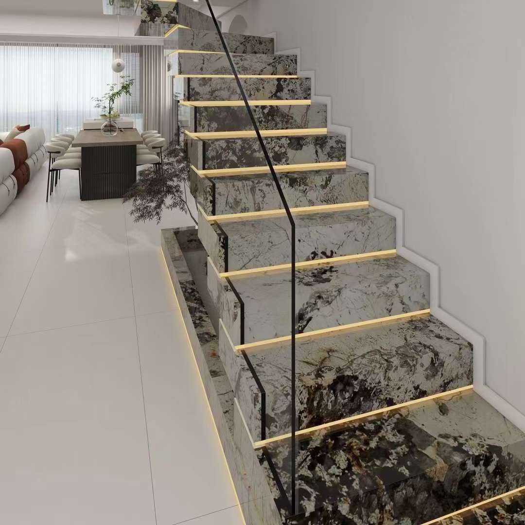 Newstar Marmor Marmol Popular Marble Stairs White Marble Natural  Pandora Marble White Crystal Veins Stairs