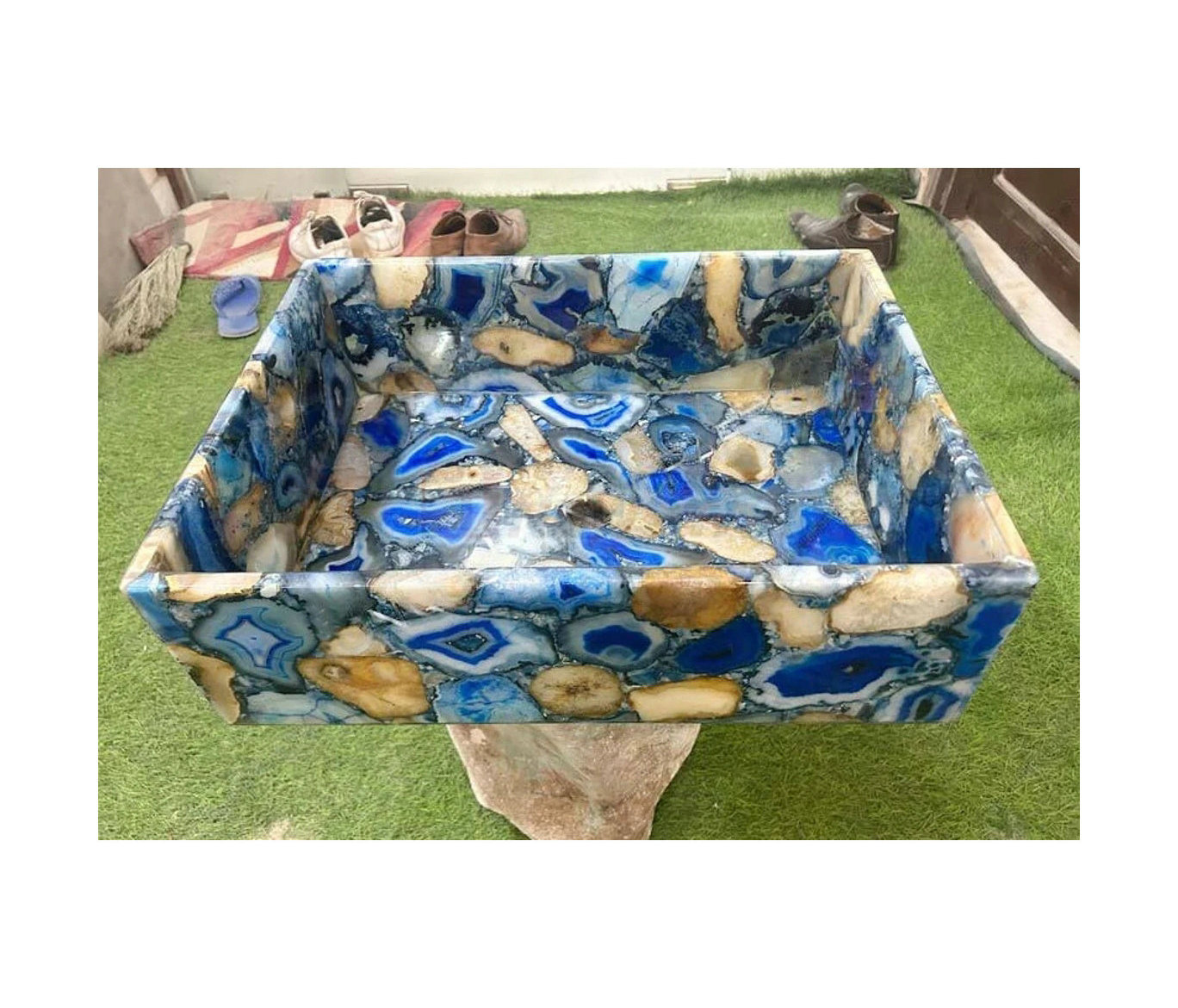 Newstar Customized Natural Blue Agate Stone Marble Home Decorate Handmade Square Shape Kitchen Basin For Bathroom