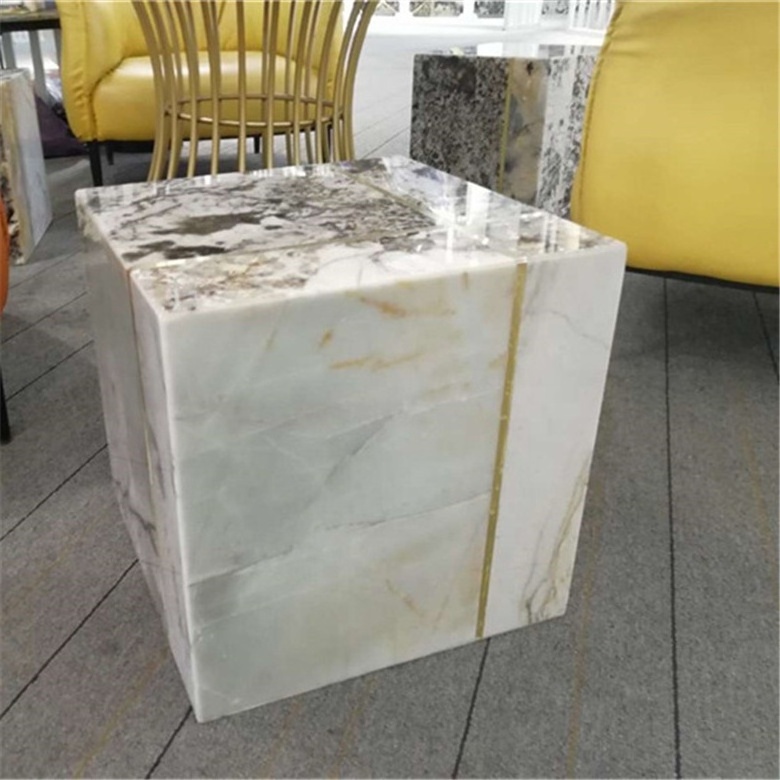 Luxury plinth natural stone cubic side table miter jointed veins honed carrara white marble coffee table onyx square furniture