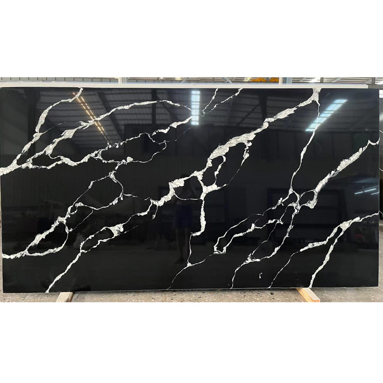 Big sheet kitchen bath tops calacatta quartz countertop black with white veins black quartz slab