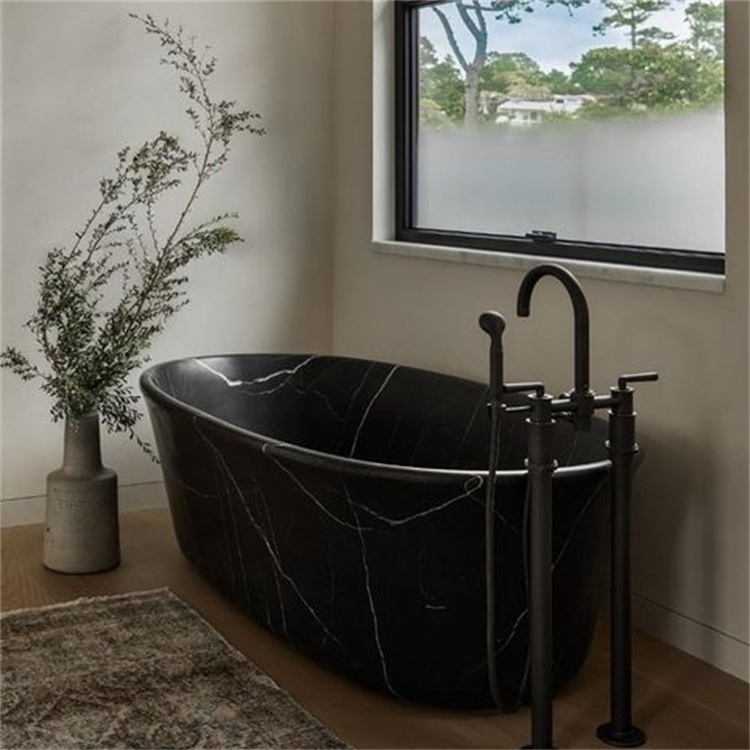 Newstar Custom Bathroom Stone Bath Tubs Large Freestanding Oval Black Marble Bathtub Natural Stone Bathtub