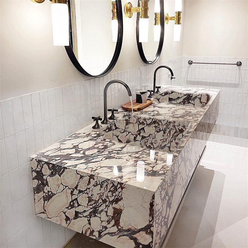 Newstar Natural Calacatta Viola Marble Stone Double Marble Sink Bathroom Sinks Basin Wall Hung Marble Wash Basin